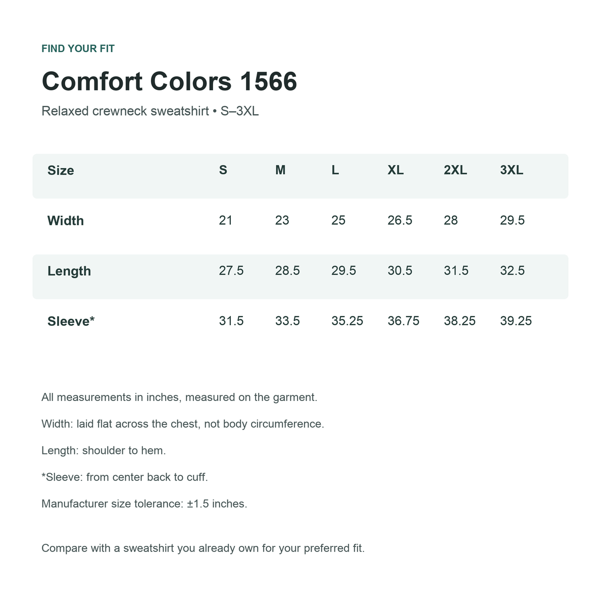 Comfort Colors 1566 size chart, S–3XL garment measurements in inches