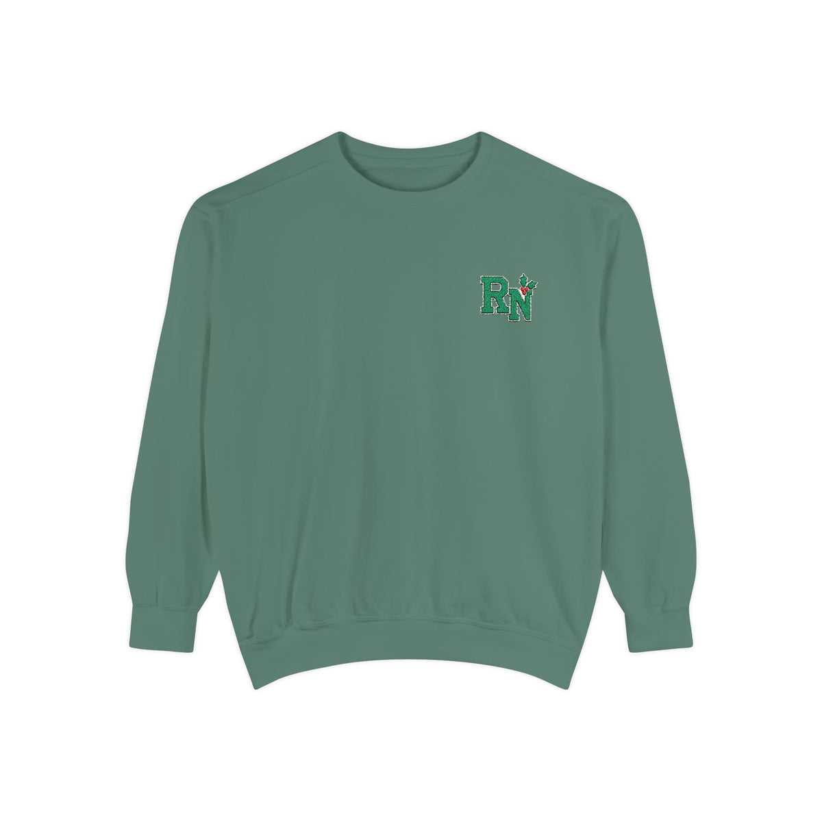 Light Green RN holly embroidered Comfort Colors 1566 sweatshirt, native front view on white