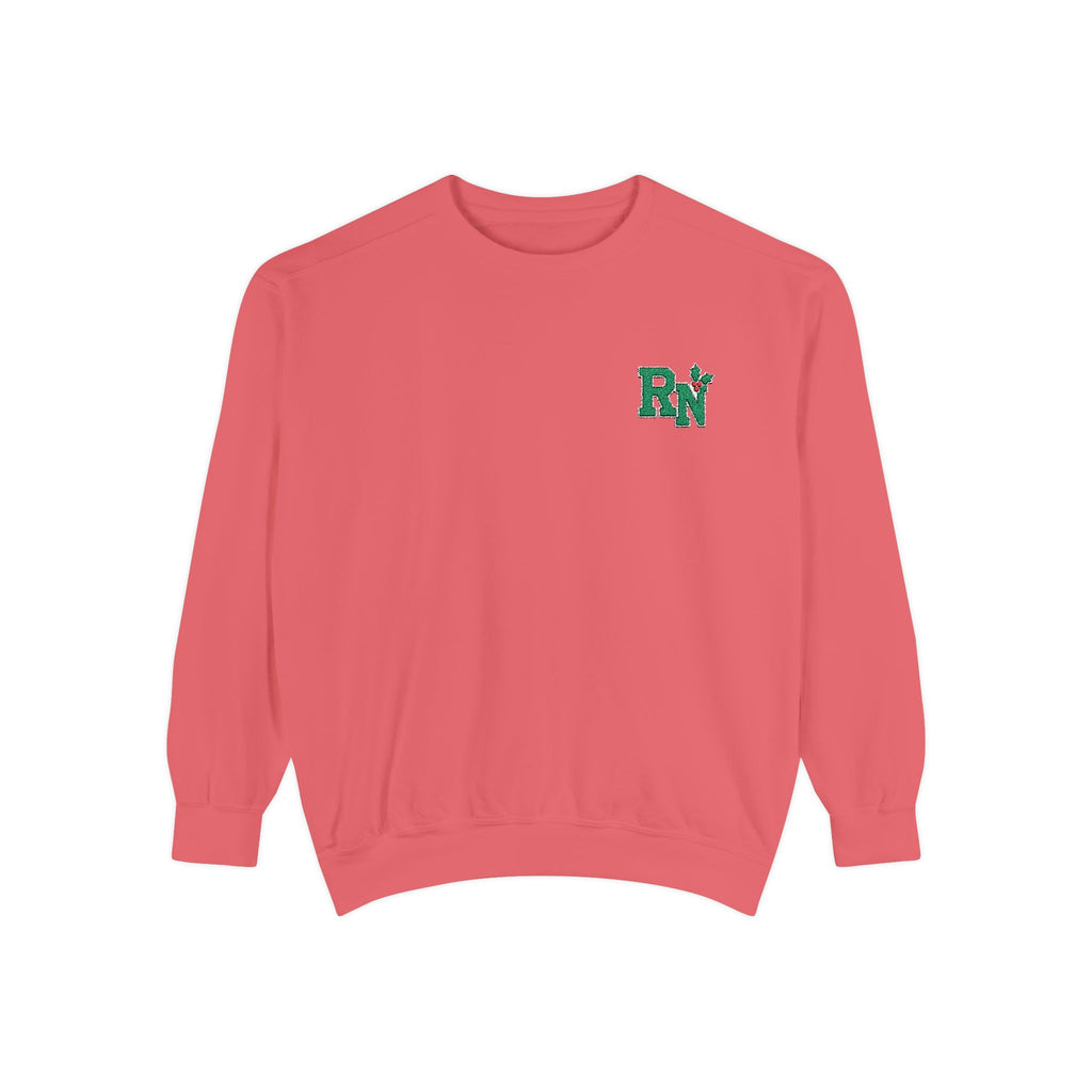 Watermelon RN holly embroidered Comfort Colors 1566 sweatshirt, native front view on white