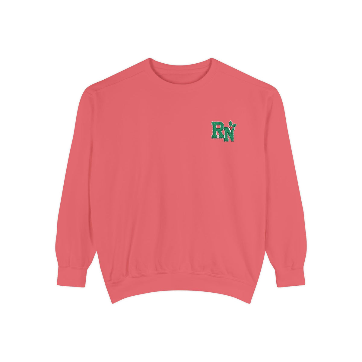 Watermelon RN holly embroidered Comfort Colors 1566 sweatshirt, native front view on white