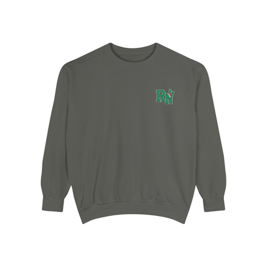 Pepper RN holly embroidered Comfort Colors 1566 sweatshirt, native front view on white