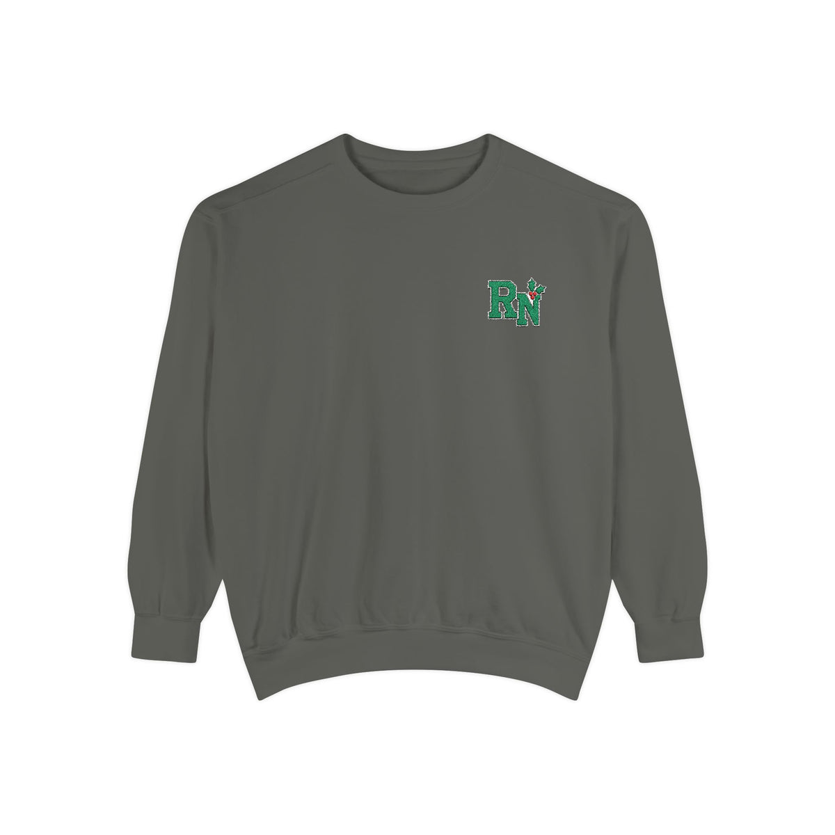 Pepper RN holly embroidered Comfort Colors 1566 sweatshirt, native front view on white