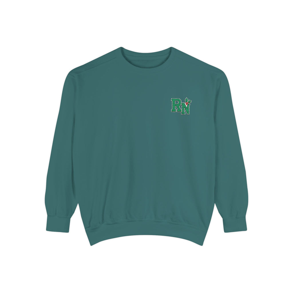 Blue Spruce RN holly embroidered Comfort Colors 1566 sweatshirt, native front view on white