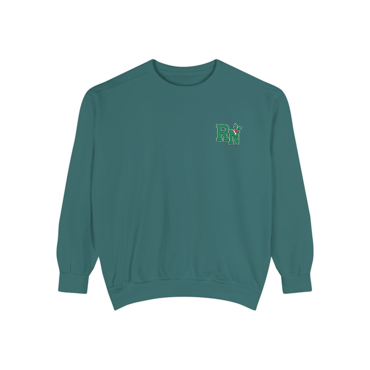 Blue Spruce RN holly embroidered Comfort Colors 1566 sweatshirt, native front view on white