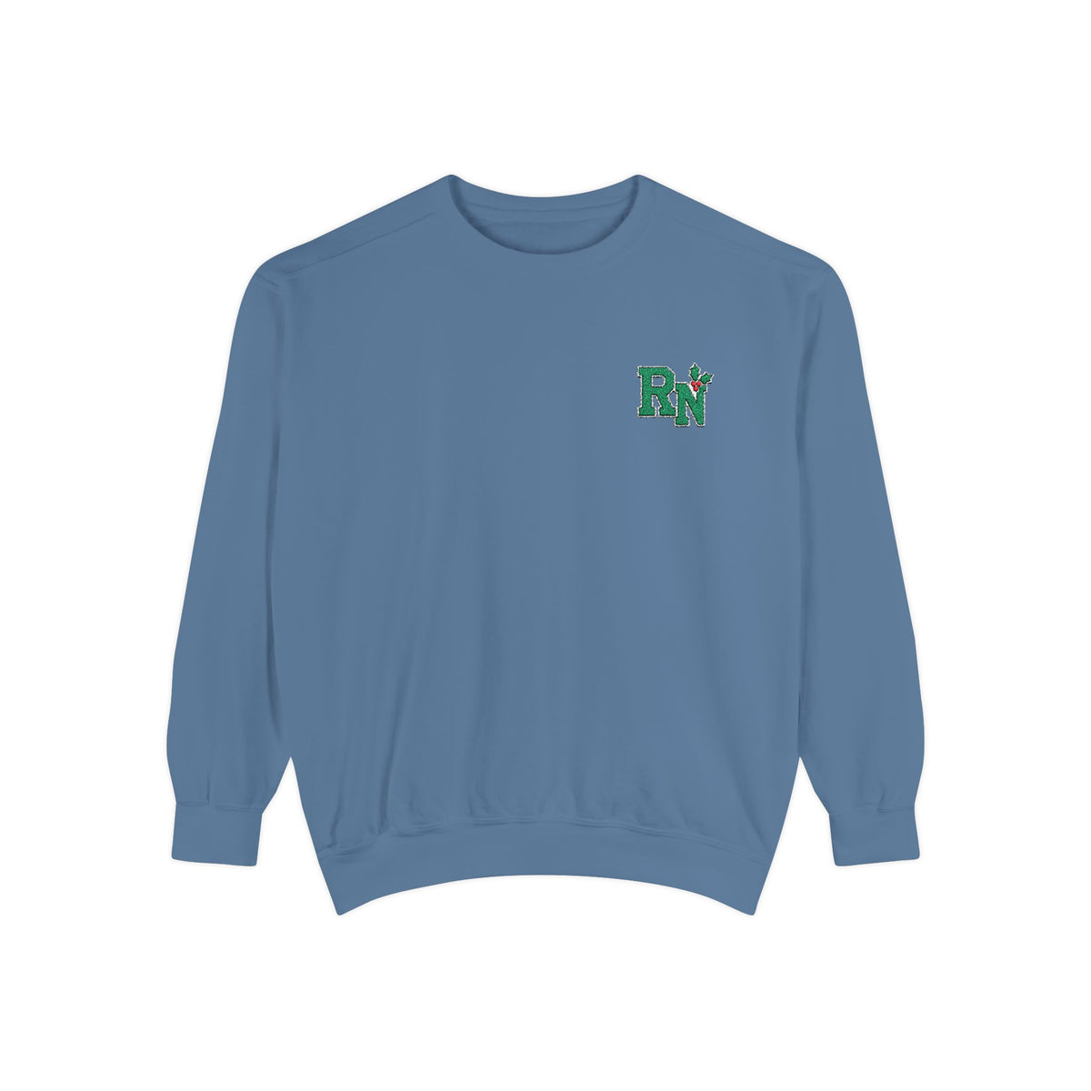 Blue Jean RN holly embroidered Comfort Colors 1566 sweatshirt, native front view on white