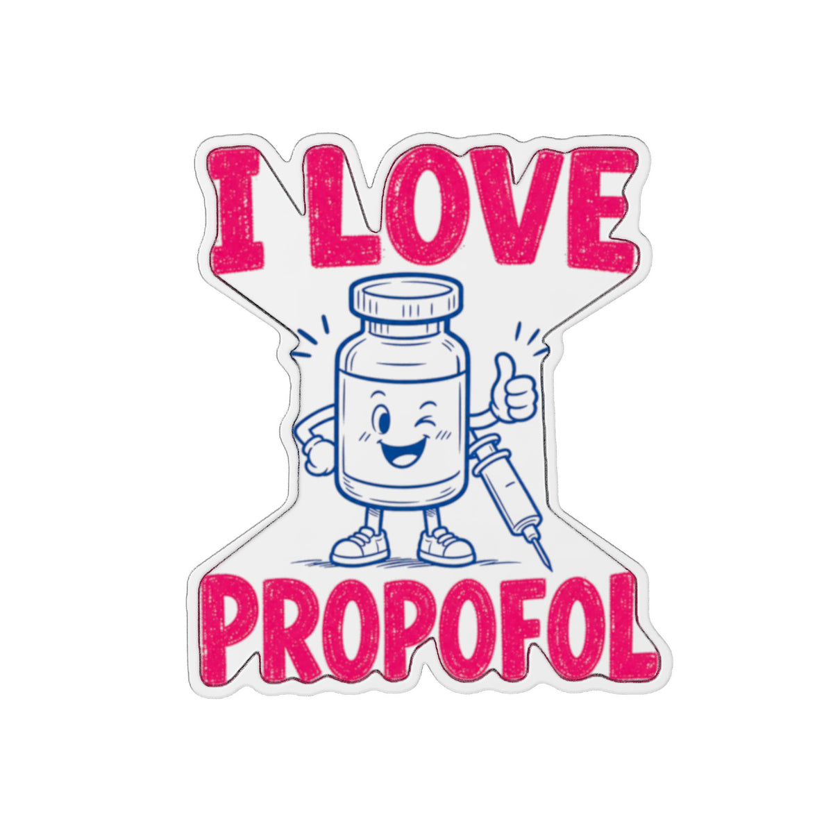 Stainless-steel I Love Propofol custom-shape pin, native front view on white
