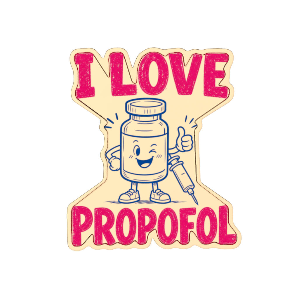 Gold-plated I Love Propofol custom-shape pin, native front view on white