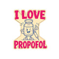 Gold-plated I Love Propofol custom-shape pin, native front view on white