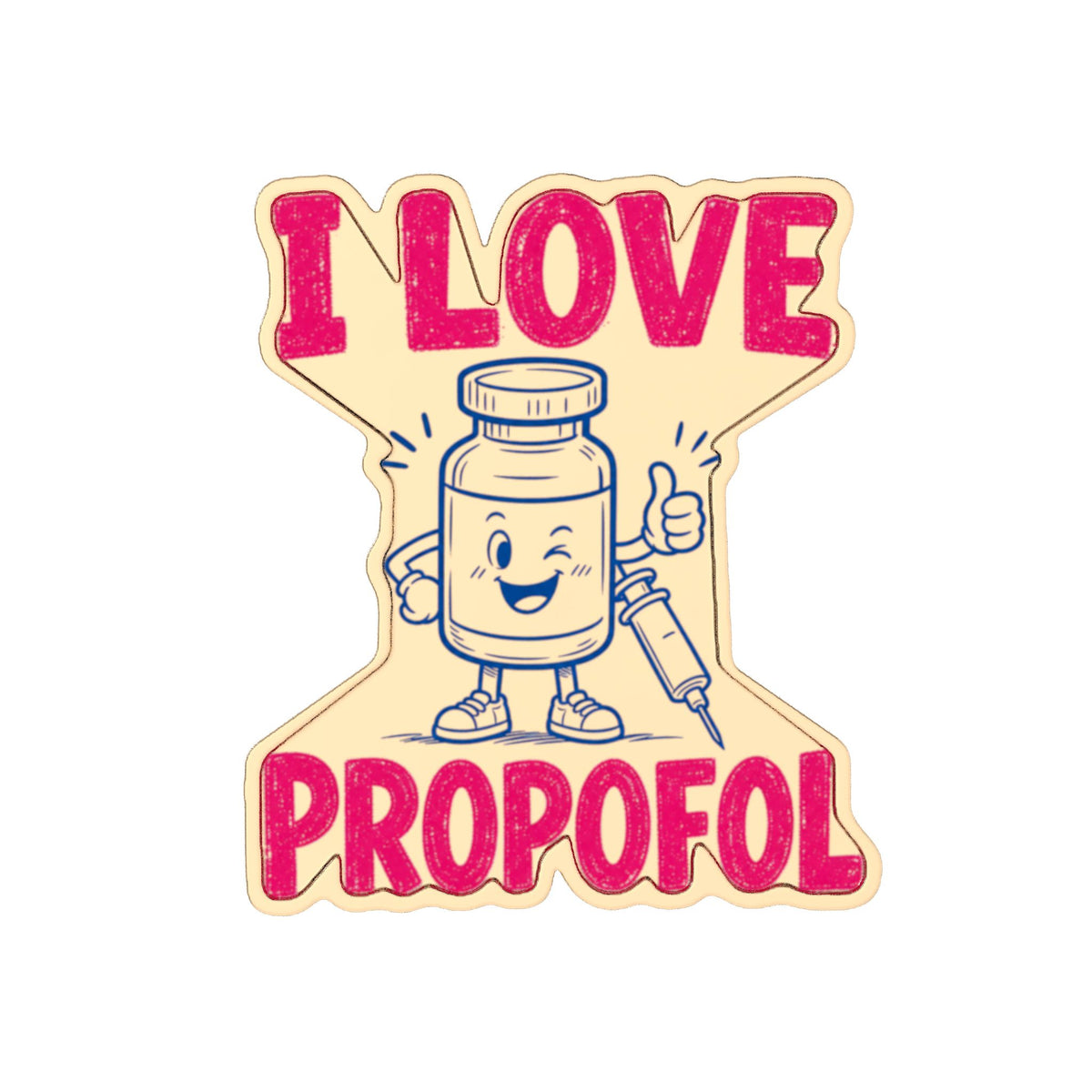Gold-plated I Love Propofol custom-shape pin, native front view on white