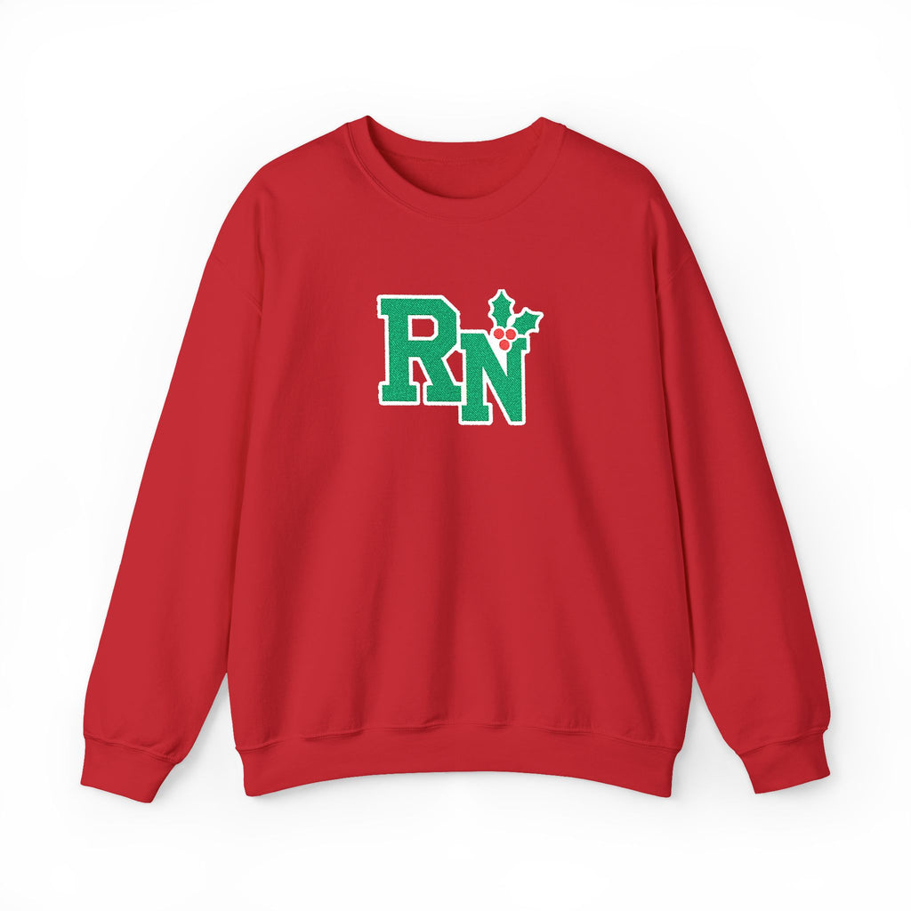 Red RN holly center embroidered Gildan 18000 sweatshirt, native front view on white