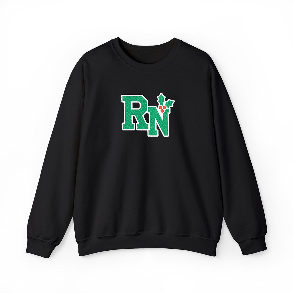 Black RN holly center embroidered Gildan 18000 sweatshirt, native front view on white