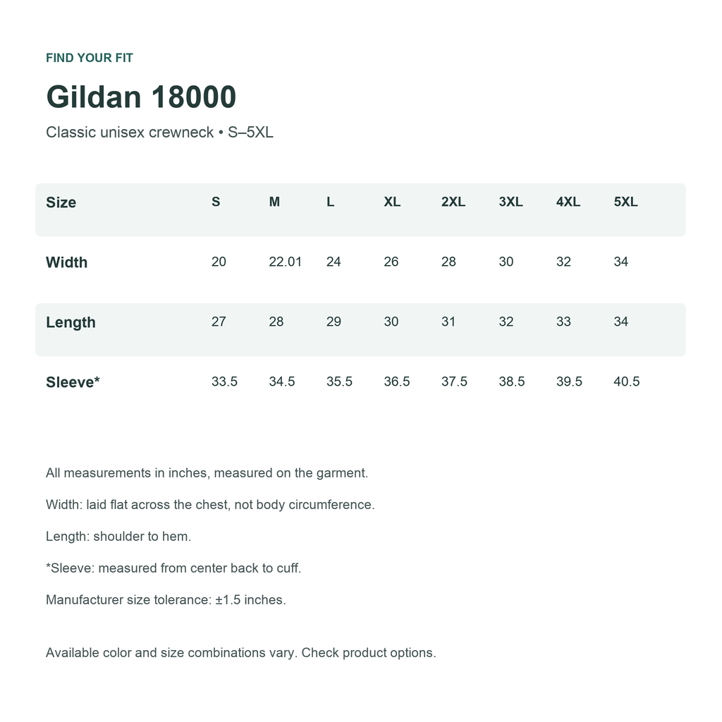Gildan 18000 S–5XL size chart with garment measurements in inches
