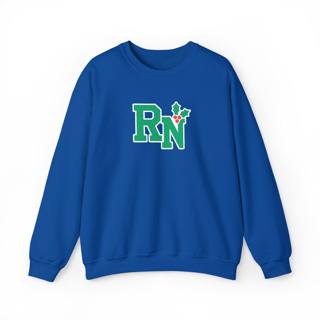 Royal RN holly center embroidered Gildan 18000 sweatshirt, native front view on white