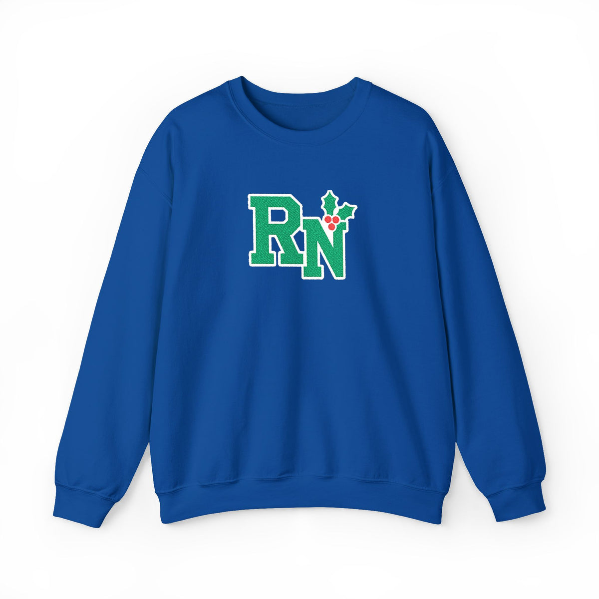 Royal RN holly center embroidered Gildan 18000 sweatshirt, native front view on white
