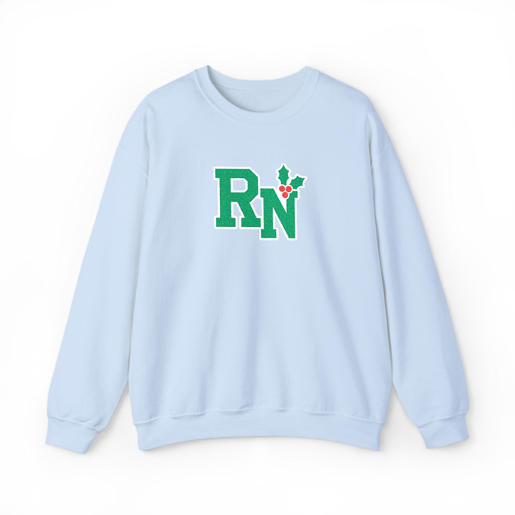 Light Blue RN holly center embroidered Gildan 18000 sweatshirt, native front view on white