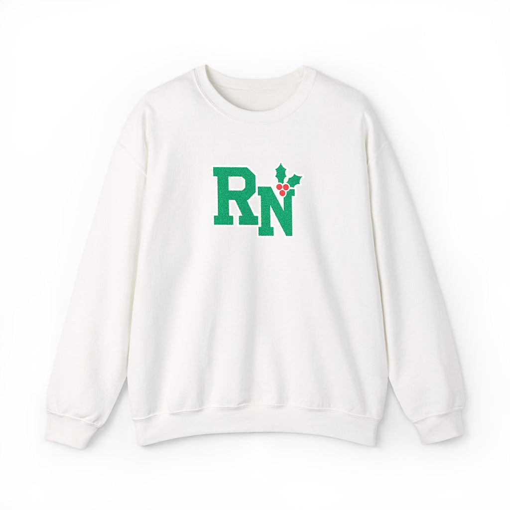 White RN holly center embroidered Gildan 18000 sweatshirt, native front view on white