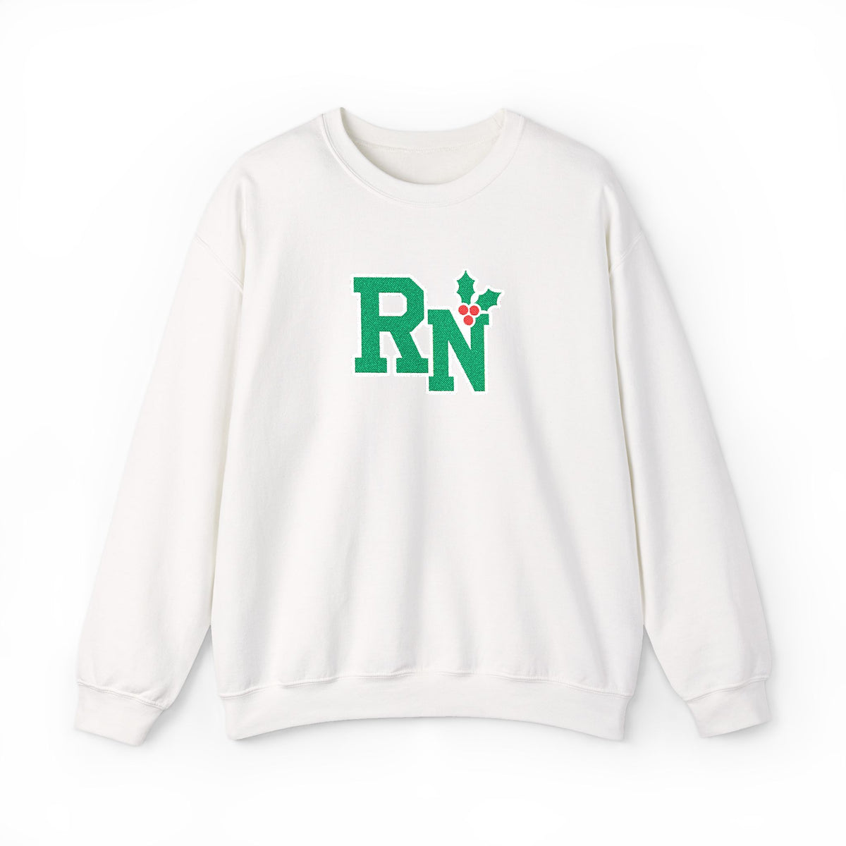 White RN holly center embroidered Gildan 18000 sweatshirt, native front view on white