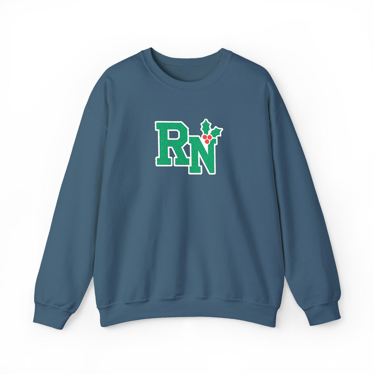 Indigo Blue RN holly center embroidered Gildan 18000 sweatshirt, native front view on white