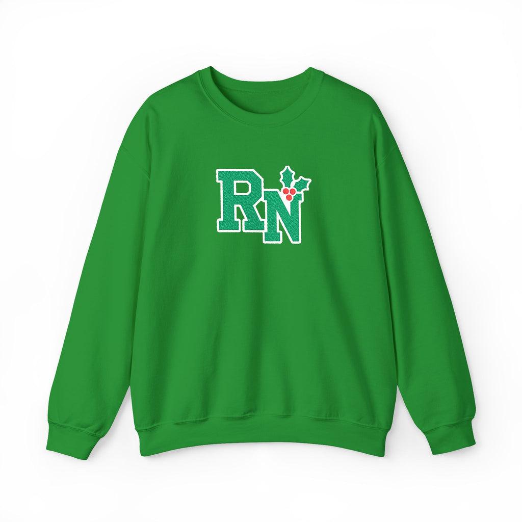 Irish Green RN holly center embroidered Gildan 18000 sweatshirt, native front view on white