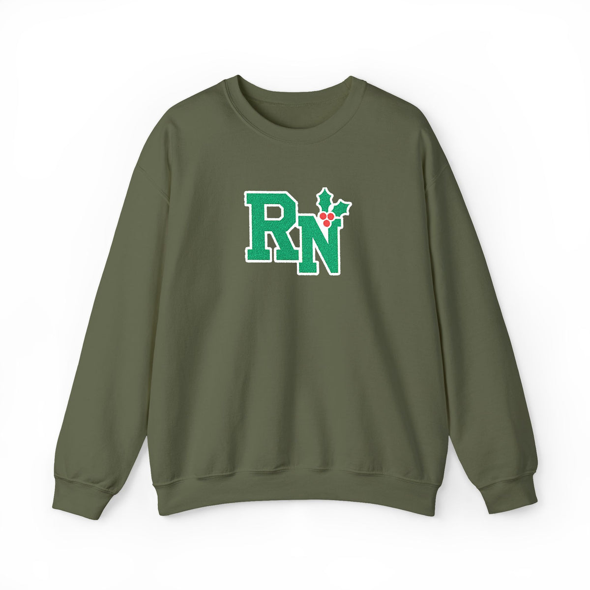 Military Green RN holly center embroidered Gildan 18000 sweatshirt, native front view on white