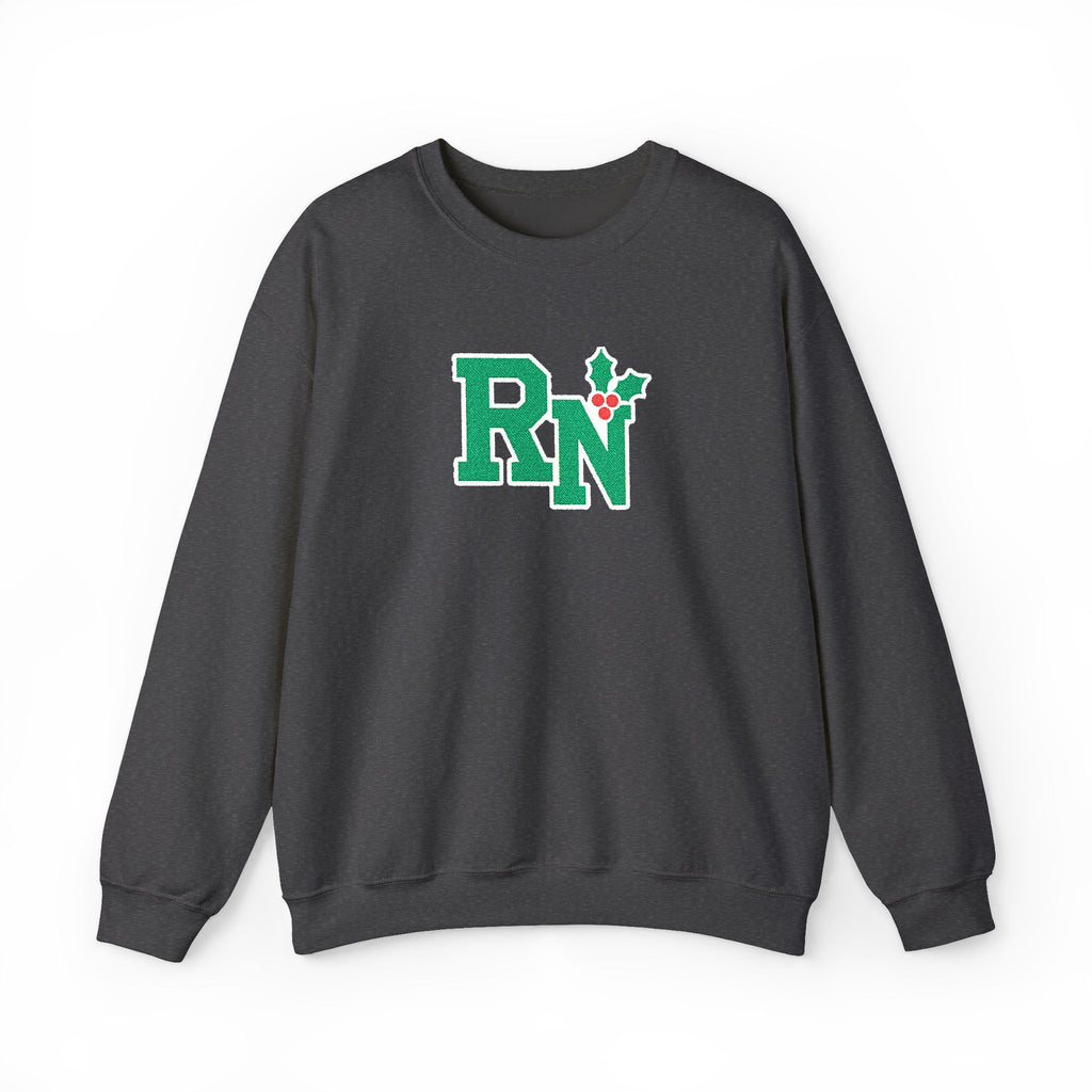 Dark Heather RN holly center embroidered Gildan 18000 sweatshirt, native front view on white