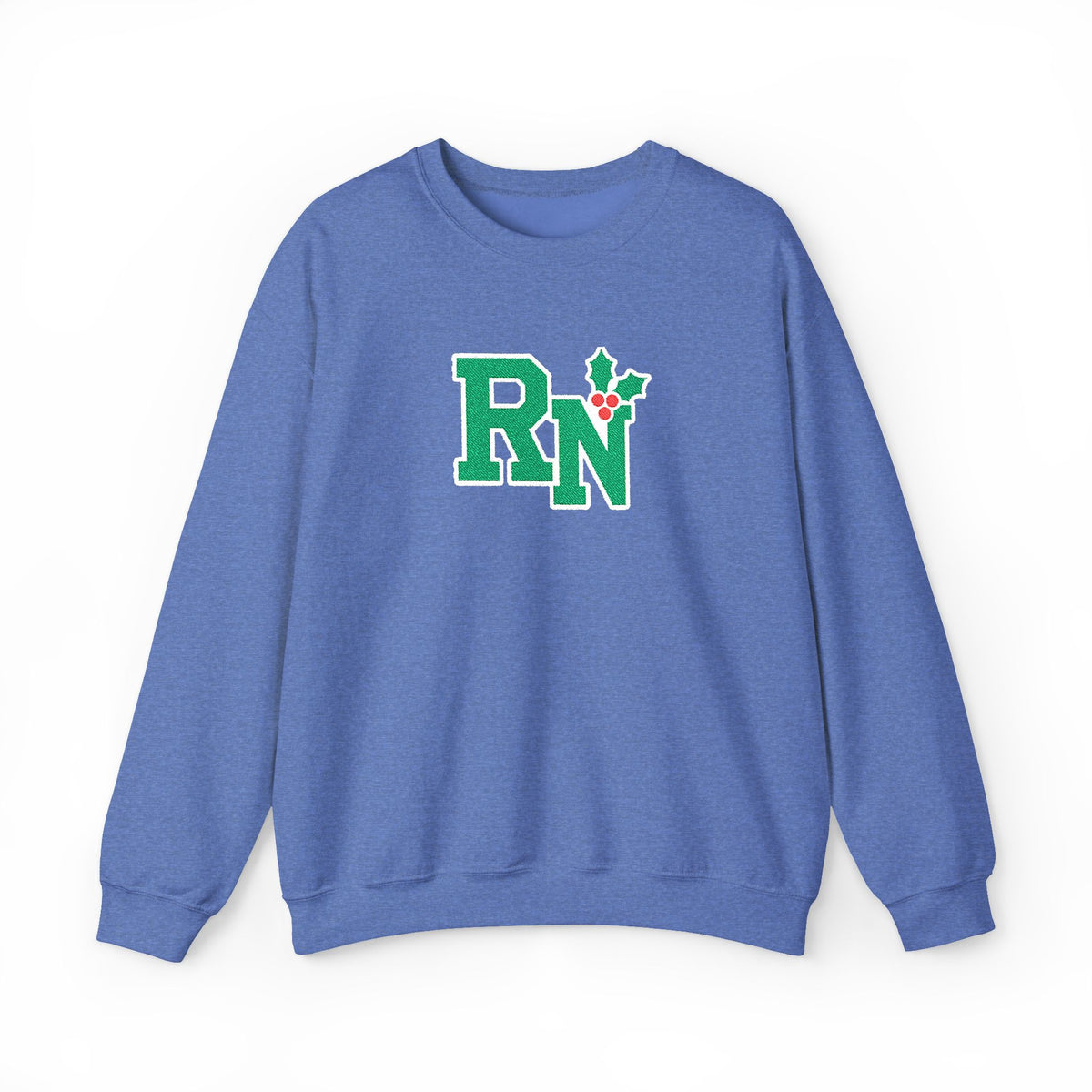 Heather Deep Royal RN holly center embroidered Gildan 18000 sweatshirt, native front view on white