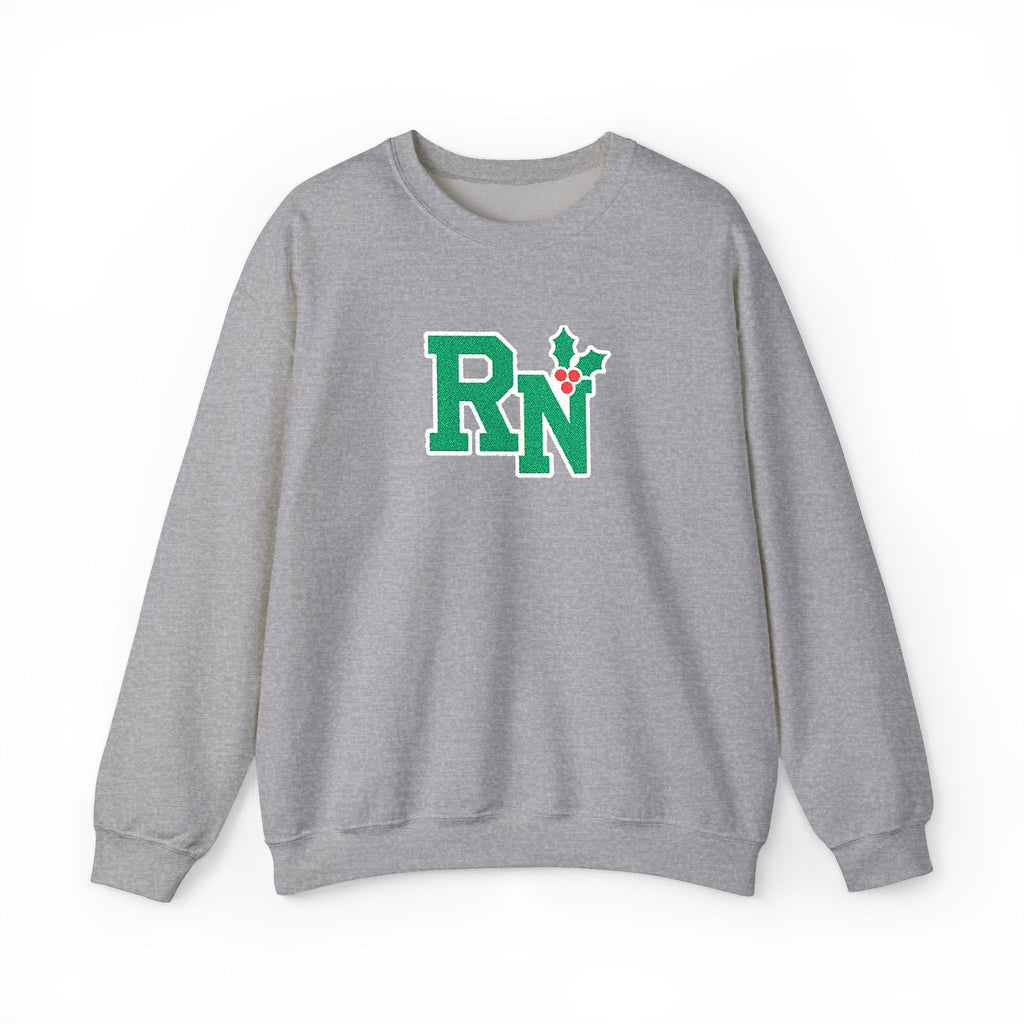 Sport Grey RN holly center embroidered Gildan 18000 sweatshirt, native front view on white