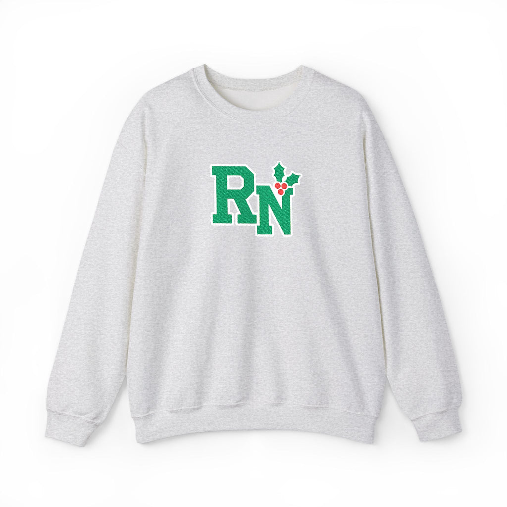 Ash RN holly center embroidered Gildan 18000 sweatshirt, native front view on white