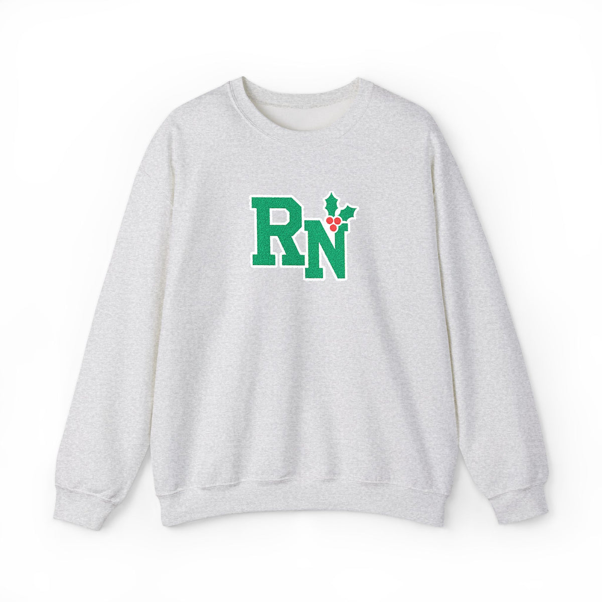 Ash RN holly center embroidered Gildan 18000 sweatshirt, native front view on white