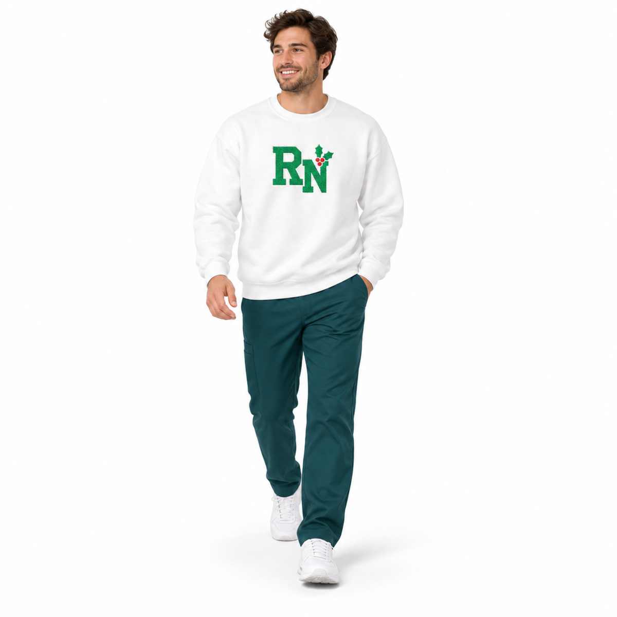 Nurse walking in a white large RN holly embroidered Gildan sweatshirt with scrub pants