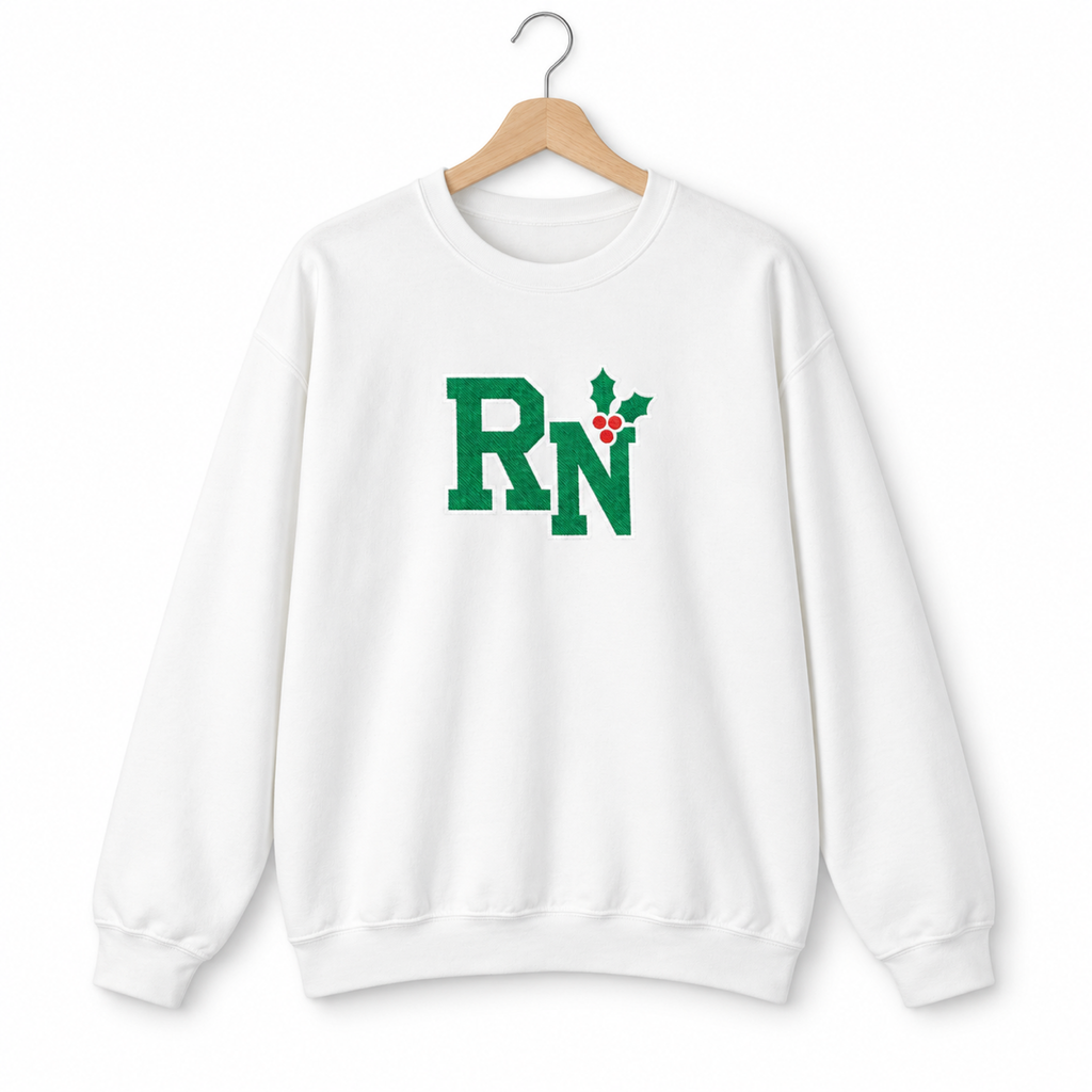 White RN holly center embroidered Gildan 18000 sweatshirt on a hanger