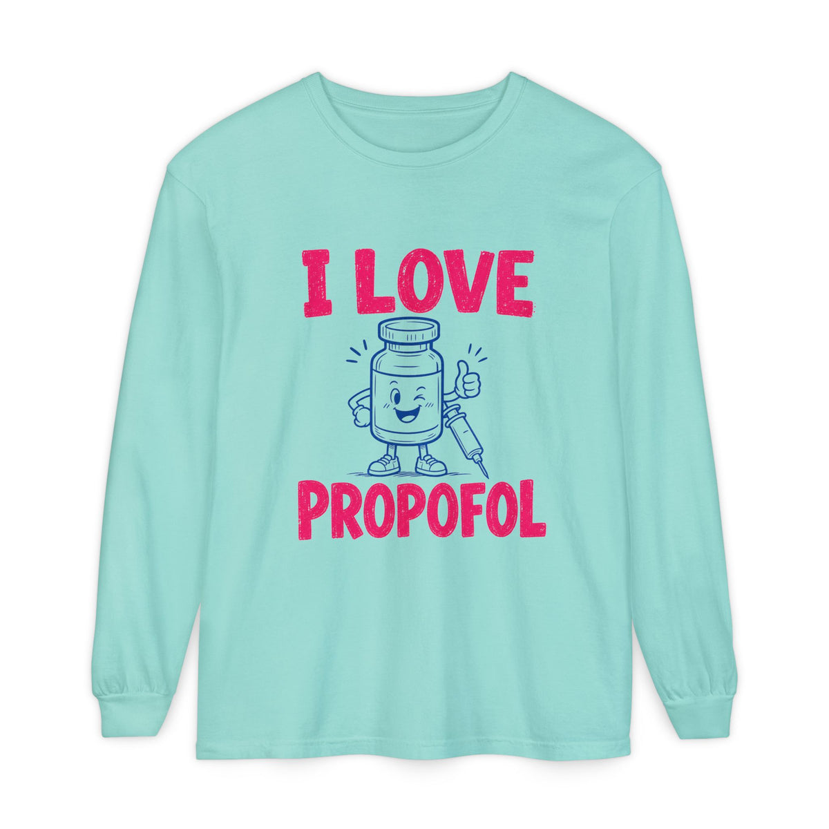 Chalky Mint I Love Propofol Comfort Colors 6014 long-sleeve shirt, native front view on white