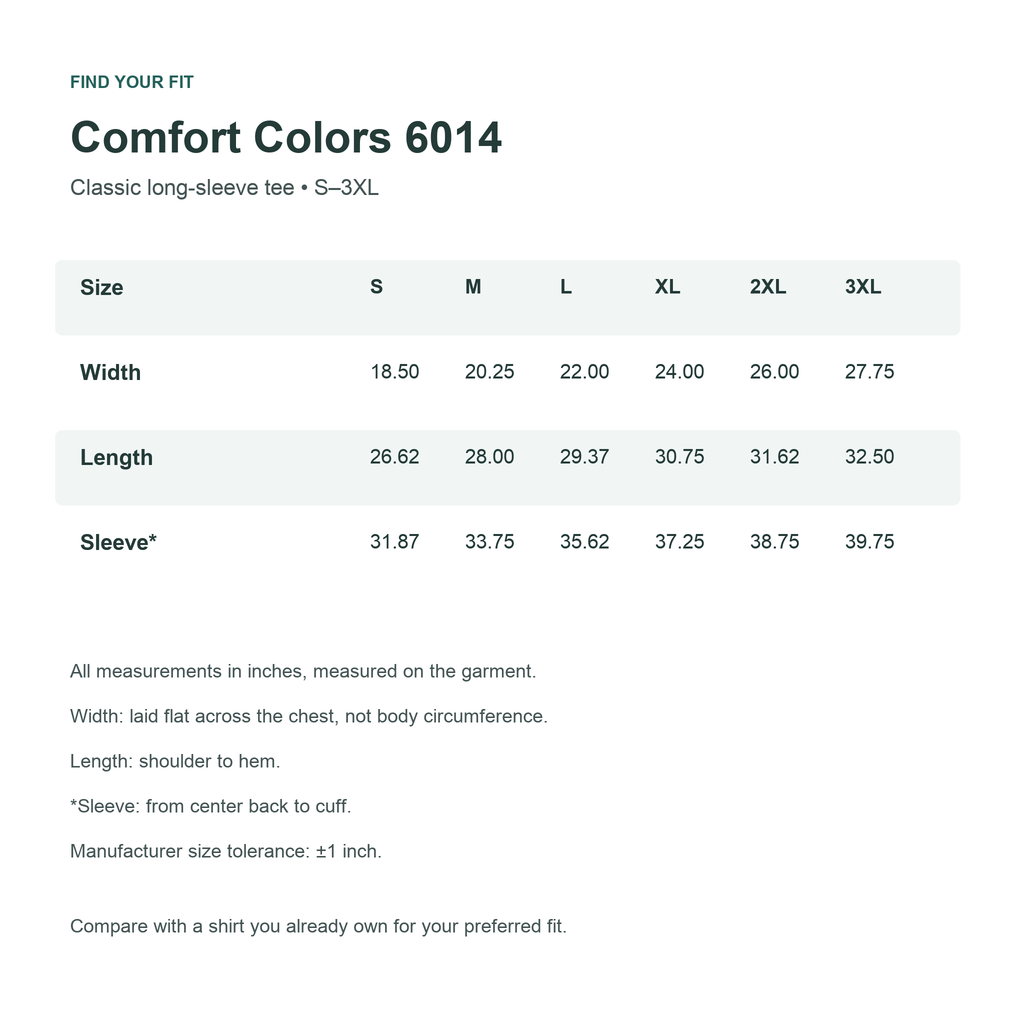 Comfort Colors 6014 S–3XL size chart with garment measurements in inches
