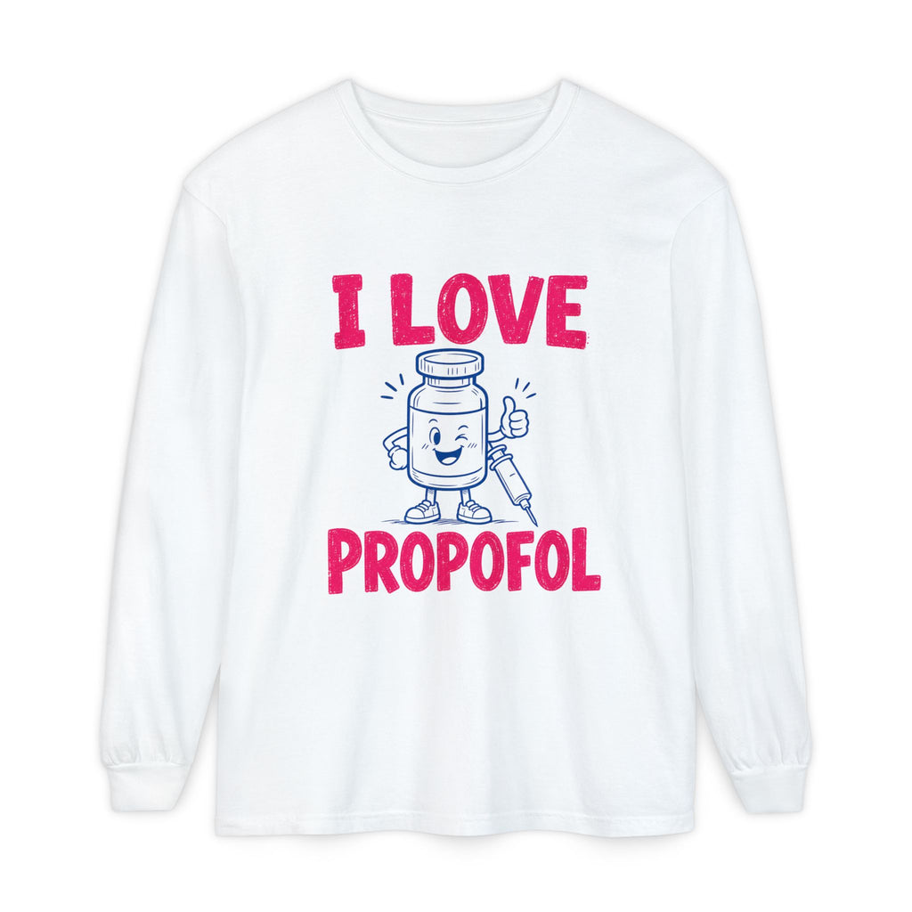 White I Love Propofol Comfort Colors 6014 long-sleeve shirt, native front view on white