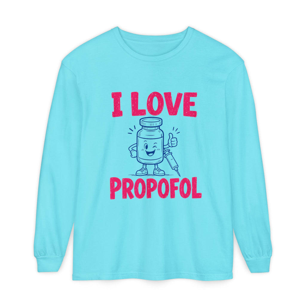 Lagoon Blue I Love Propofol Comfort Colors 6014 long-sleeve shirt, native front view on white