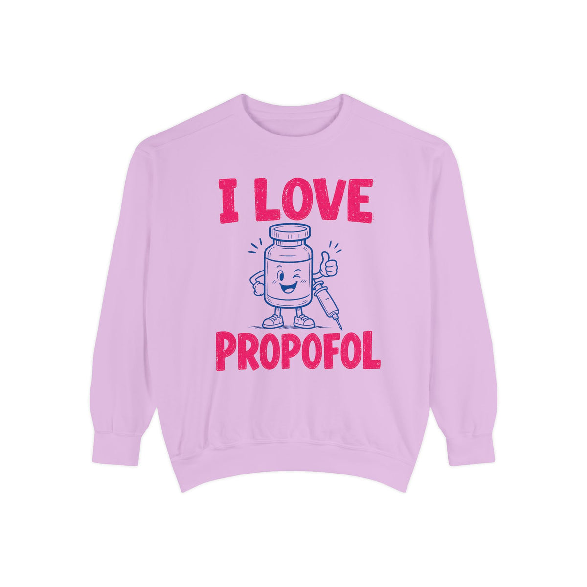 Orchid I Love Propofol Comfort Colors 1566 sweatshirt, native front view on white