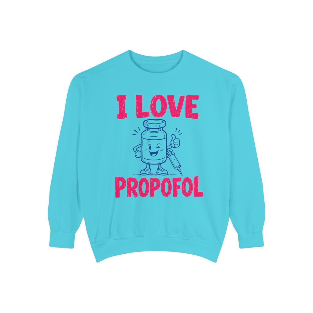 Lagoon Blue I Love Propofol Comfort Colors 1566 sweatshirt, native front view on white