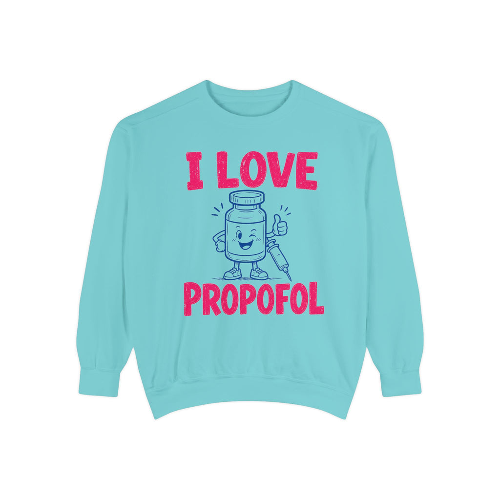 Chalky Mint I Love Propofol Comfort Colors 1566 sweatshirt, native front view on white
