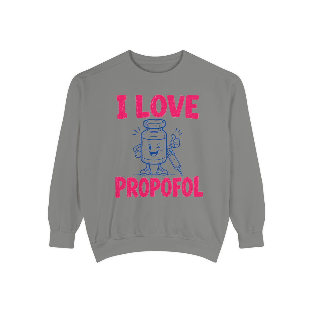Grey I Love Propofol Comfort Colors 1566 sweatshirt, native front view on white