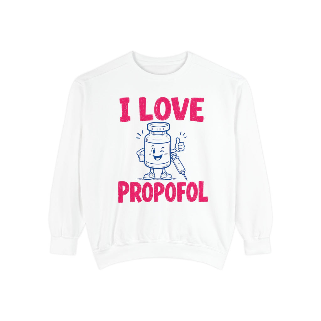 White I Love Propofol Comfort Colors 1566 sweatshirt, native front view on white