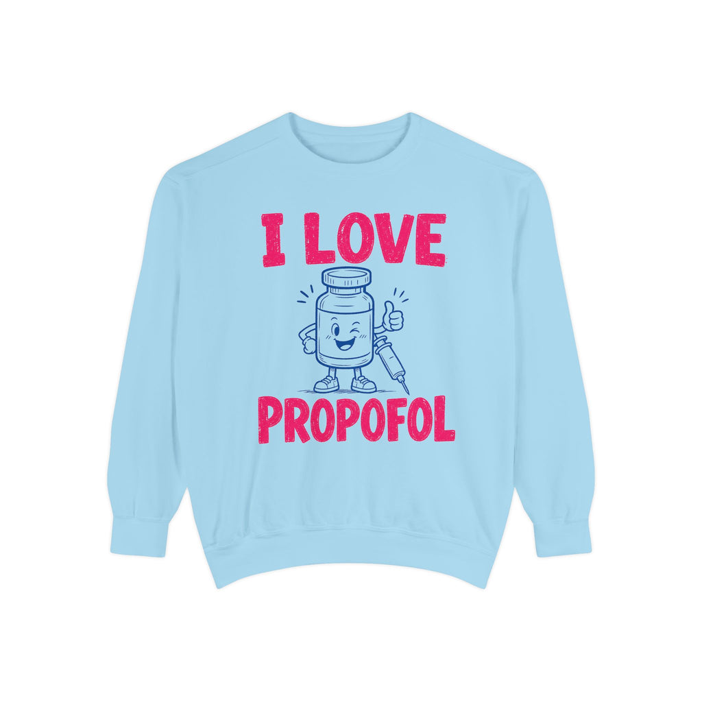 Chambray I Love Propofol Comfort Colors 1566 sweatshirt, native front view on white
