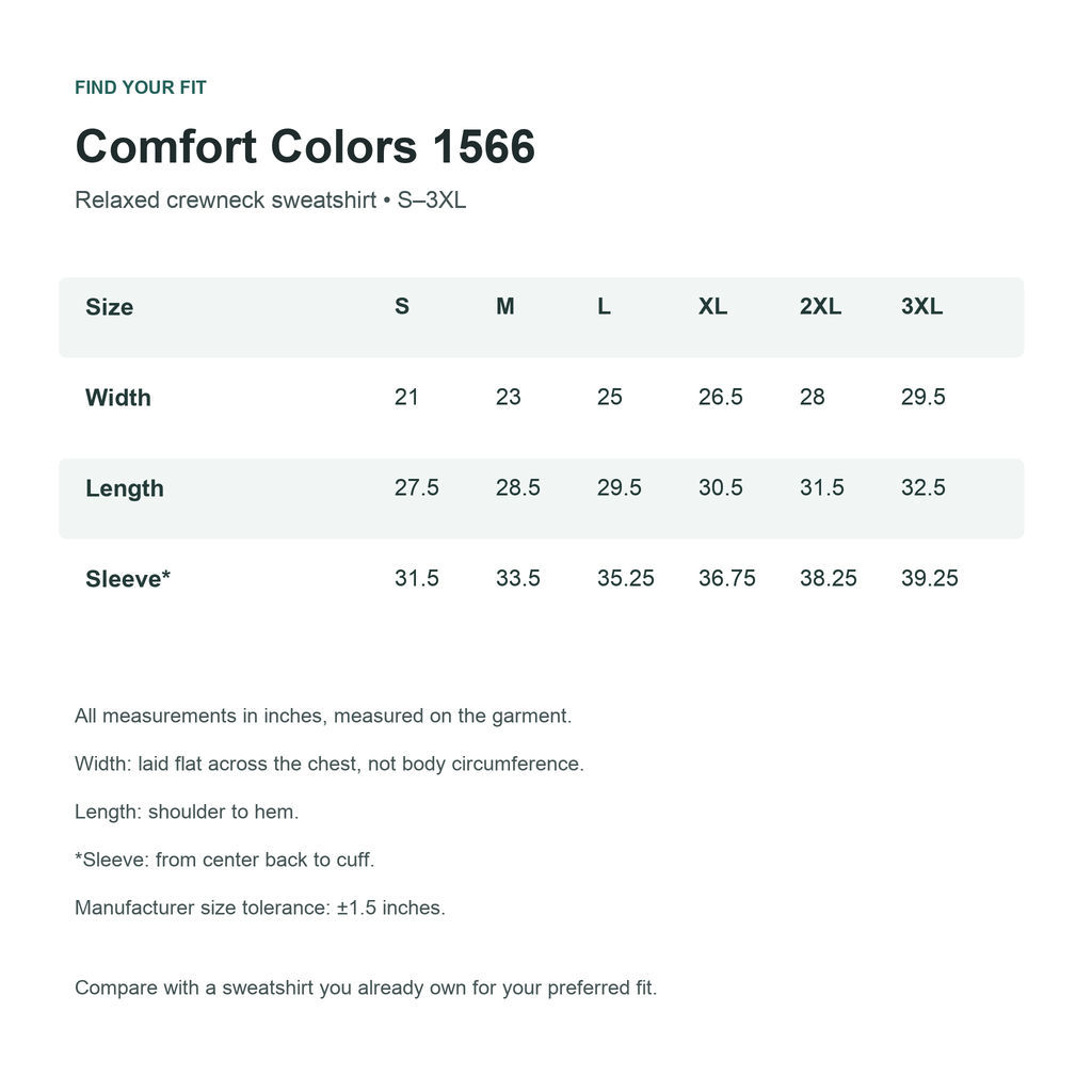 Comfort Colors 1566 S–3XL size chart with garment measurements in inches