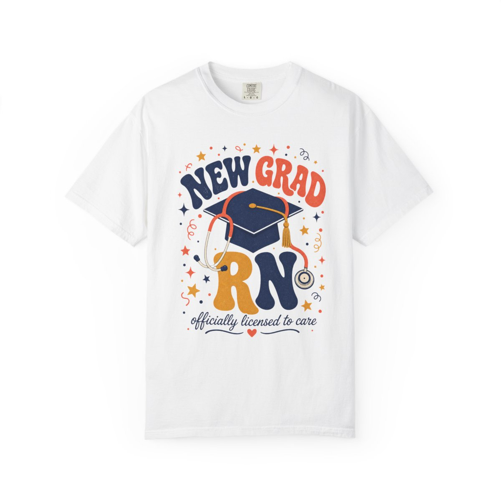 White New Grad RN Comfort Colors tee, accurate front mockup on white