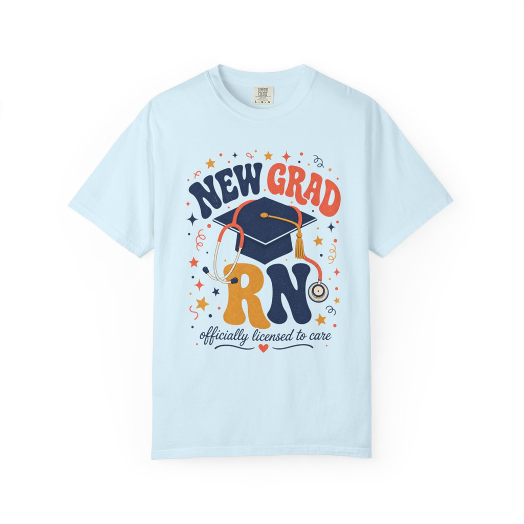 Chambray New Grad RN Comfort Colors tee, accurate front mockup on white