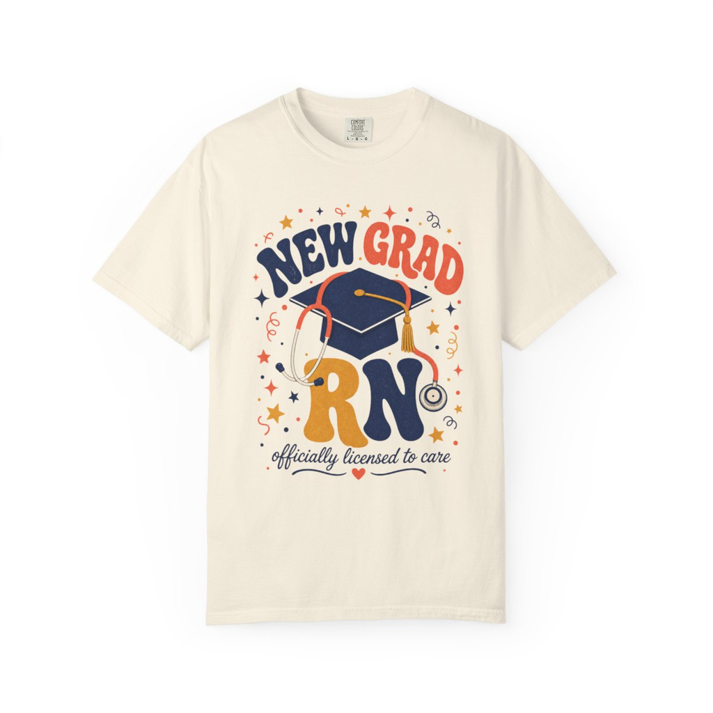 Ivory New Grad RN Comfort Colors tee, accurate front mockup on white