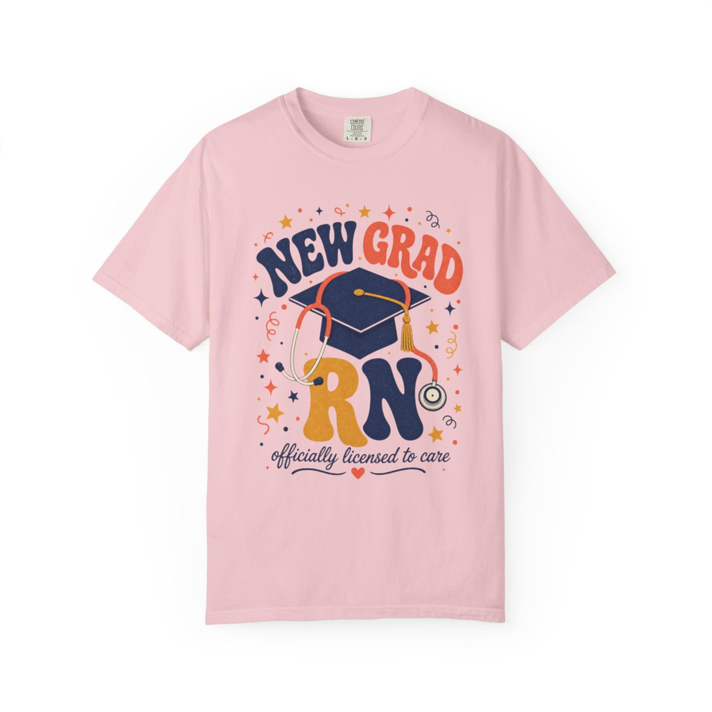 Blossom New Grad RN Comfort Colors tee, accurate front mockup on white