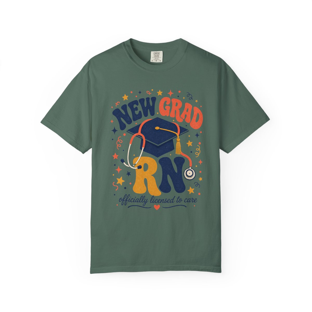 Blue Spruce New Grad RN Comfort Colors tee, accurate front mockup on white