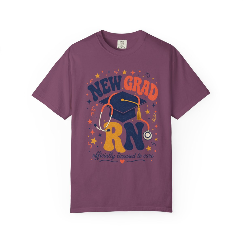 Berry New Grad RN Comfort Colors tee, accurate front mockup on white