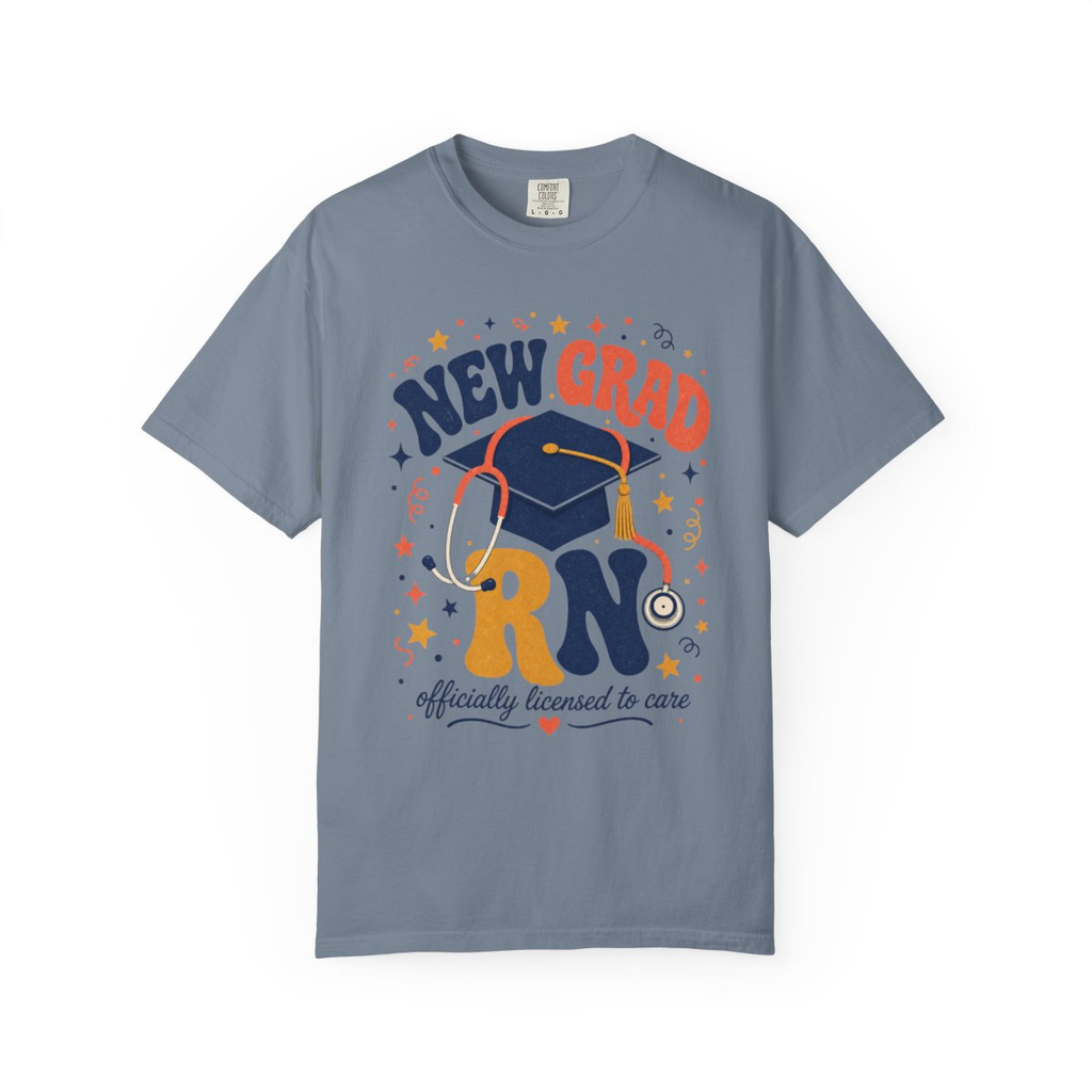 Blue Jean New Grad RN Comfort Colors tee, accurate front mockup on white