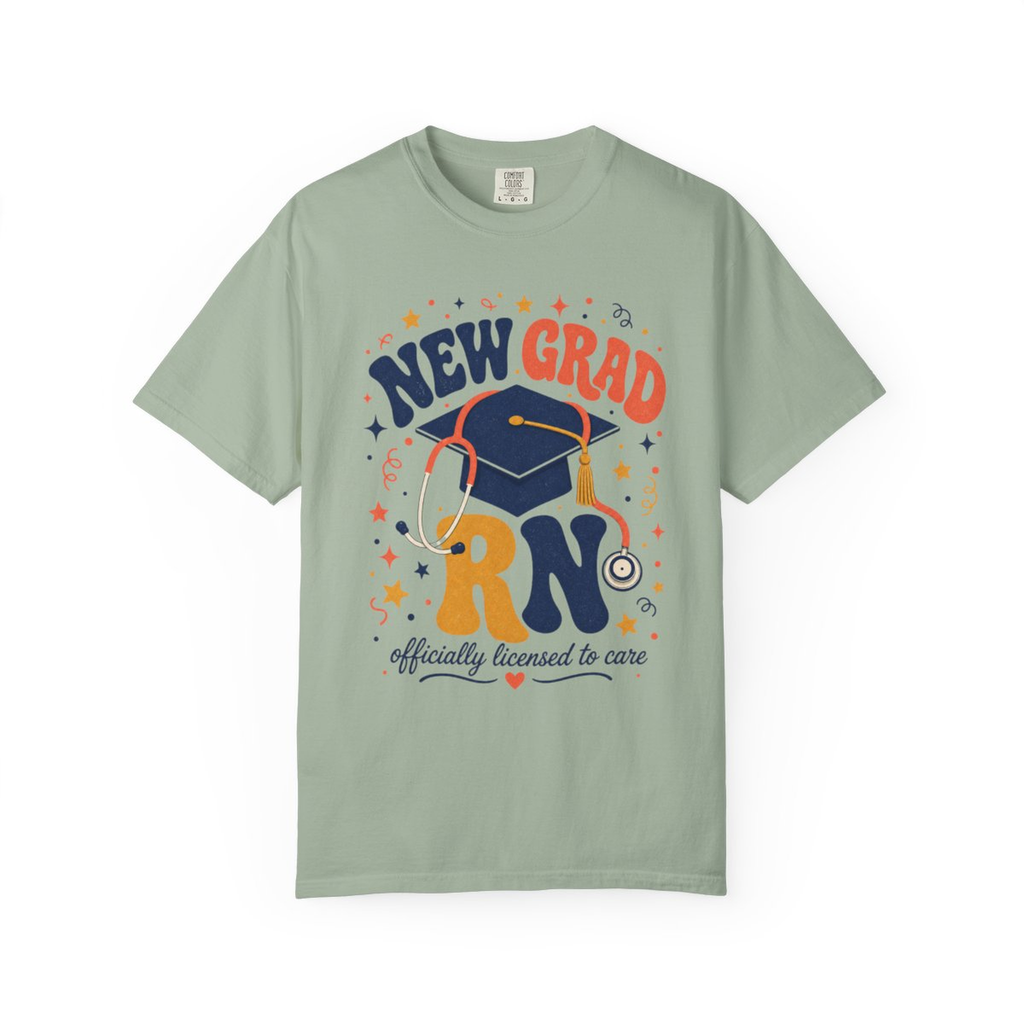 Bay New Grad RN Comfort Colors tee, accurate front mockup on white